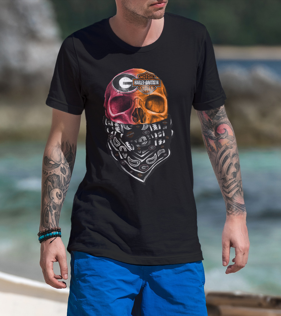 Harley Davidson Georgia Bulldogs Skull With Bandana T-Shirt