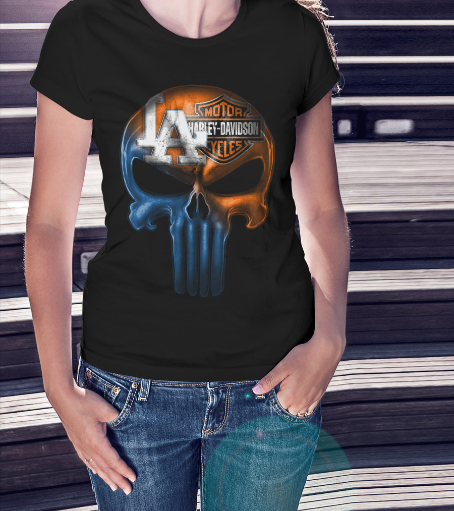 Los Angeles Dodgers Harley Davidson Biker Skull T-Shirt
