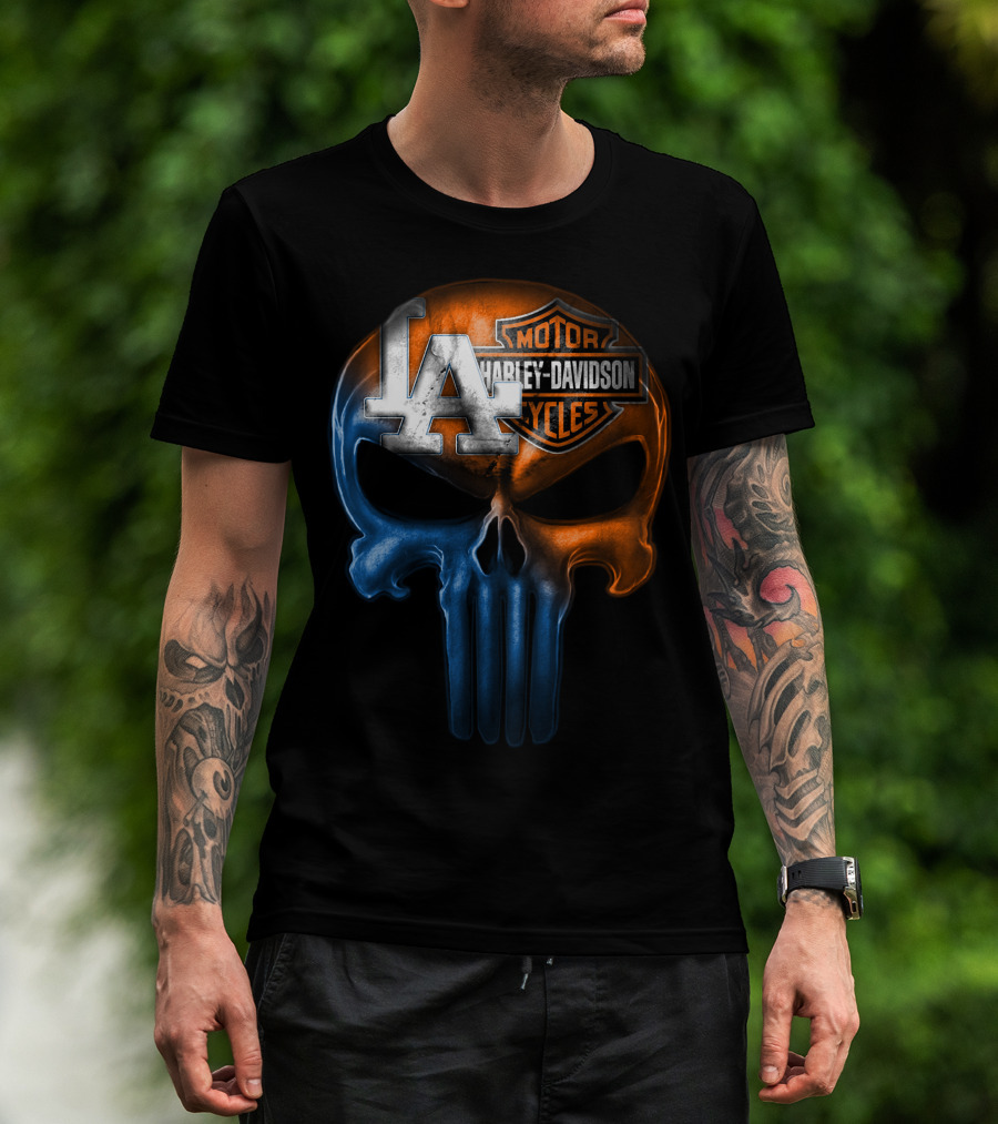 Los Angeles Dodgers Harley Davidson Biker Skull T-Shirt