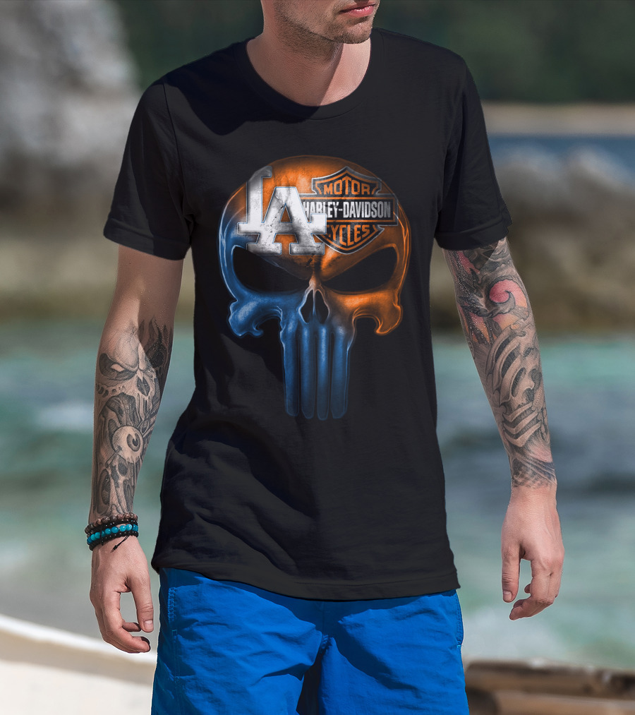Los Angeles Dodgers Harley Davidson Biker Skull T-Shirt