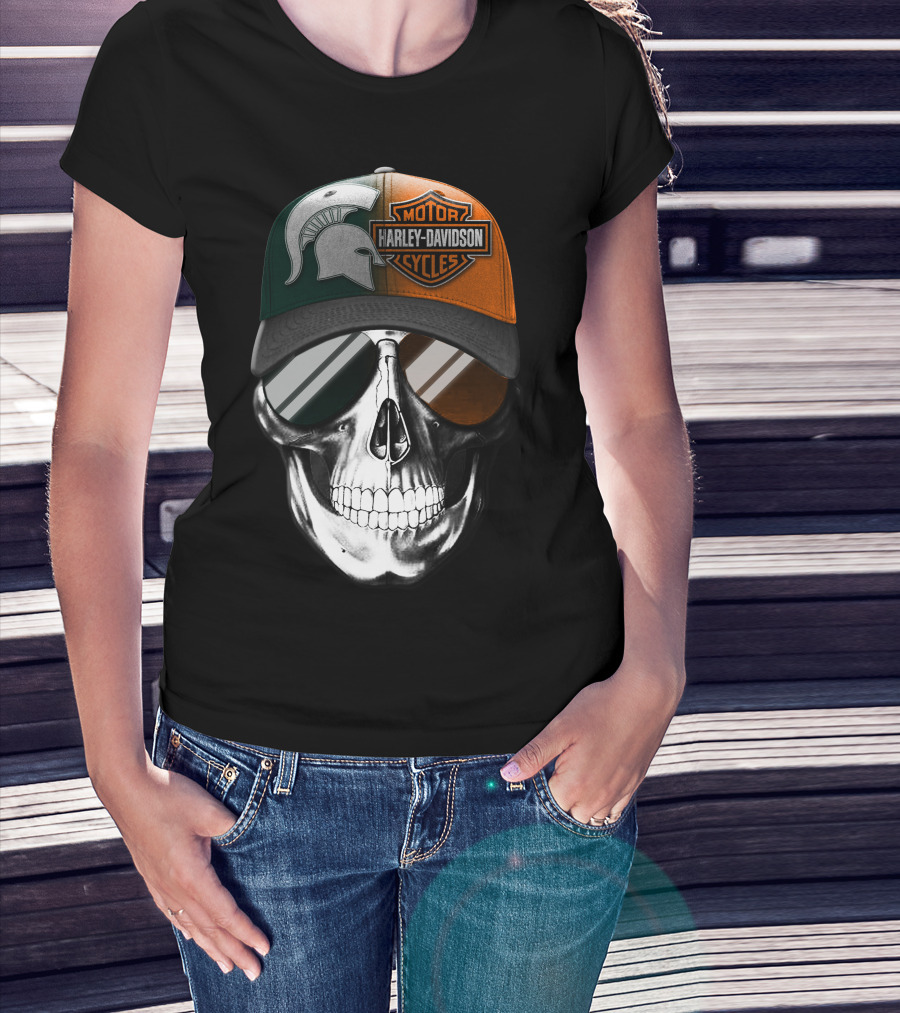 Skull With Michigan State Spartan And Harley Davidson Motorcycles Cap T-Shirt