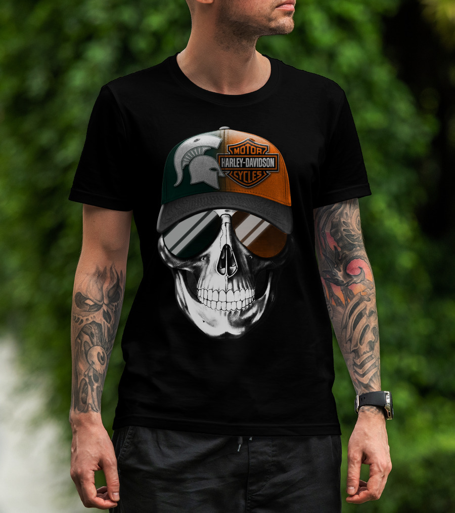 Skull With Michigan State Spartan And Harley Davidson Motorcycles Cap T-Shirt