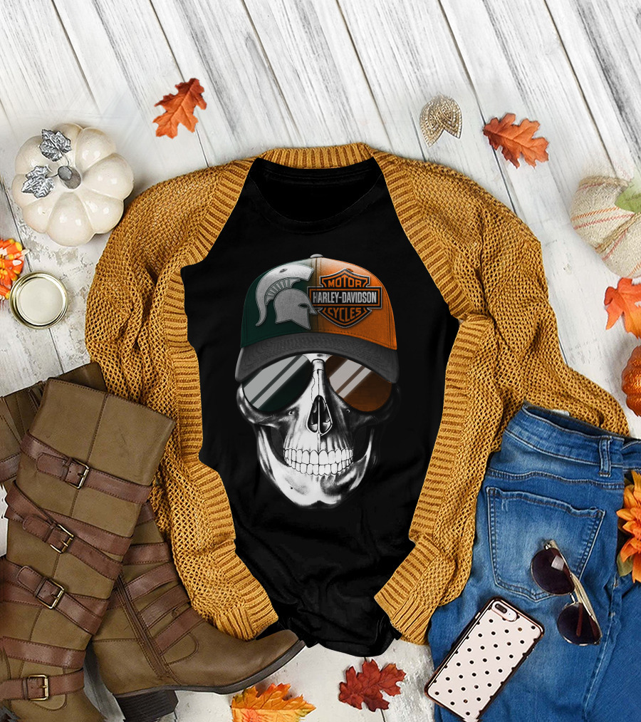 Skull With Michigan State Spartan And Harley Davidson Motorcycles Cap T-Shirt