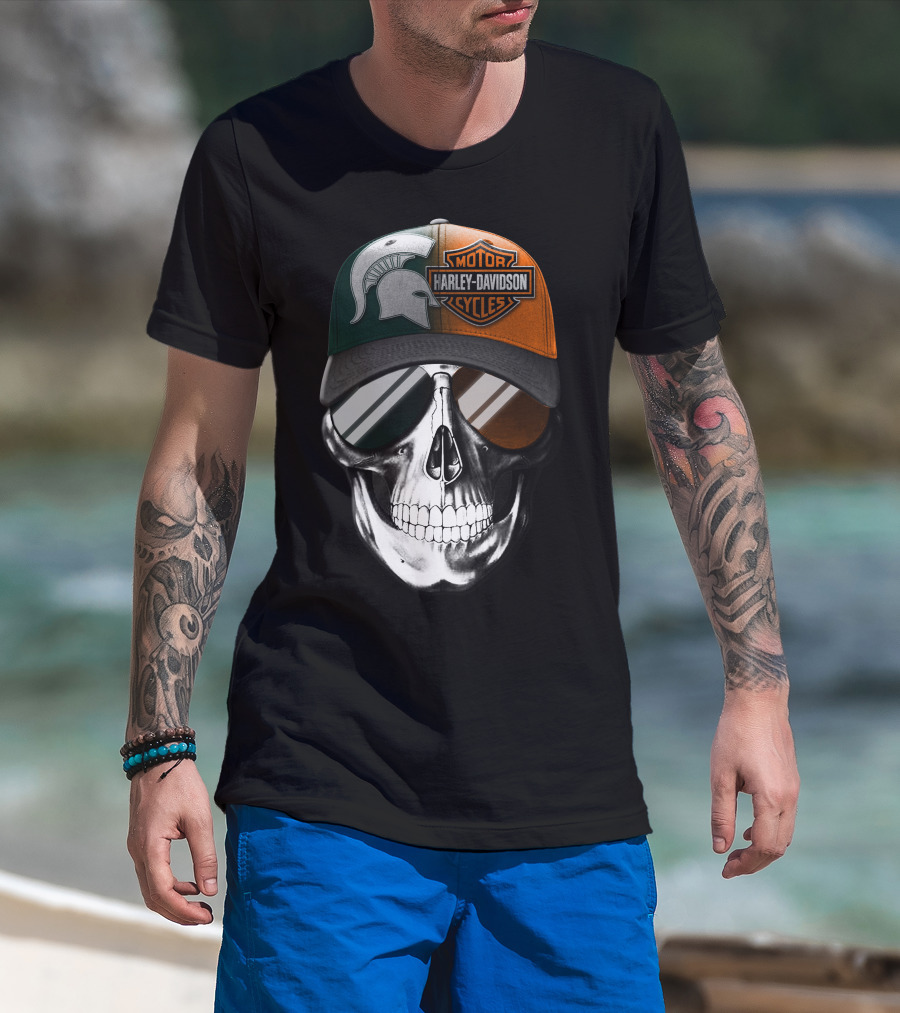Skull With Michigan State Spartan And Harley Davidson Motorcycles Cap T-Shirt