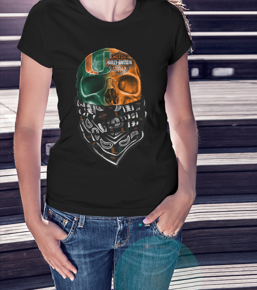Harley Davidson Skull With Miami Hurricanes Bandana T-Shirt