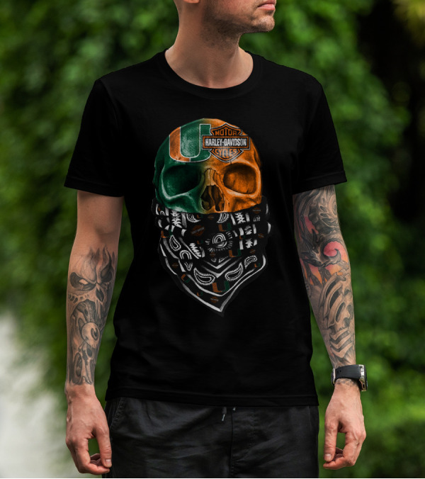 Harley Davidson Skull With Miami Hurricanes Bandana T-Shirt