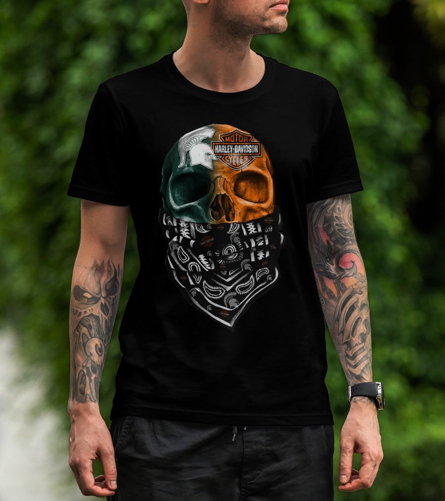 Harley Davidson Skull With Michigan State Spartans Bandana T-Shirt