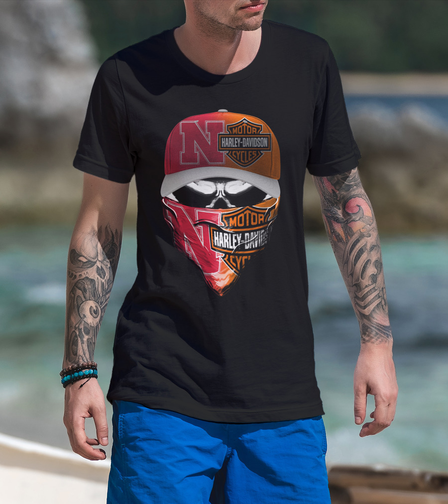 Nebraska Cornhuskers And Harley Davidson Cycles Skull Face Mask Hat Combo T-Shirt