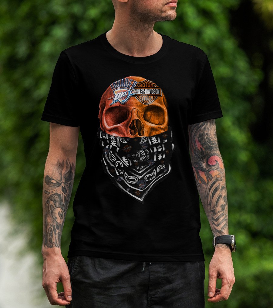 Oklahoma City Thunder Harley Davidson Skull With Bandana T-Shirt