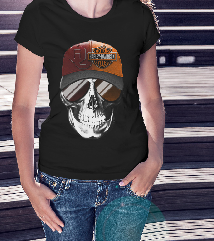 Harley Davidson Motorcycles Oklahoma Sooners Cap Skull T-Shirt