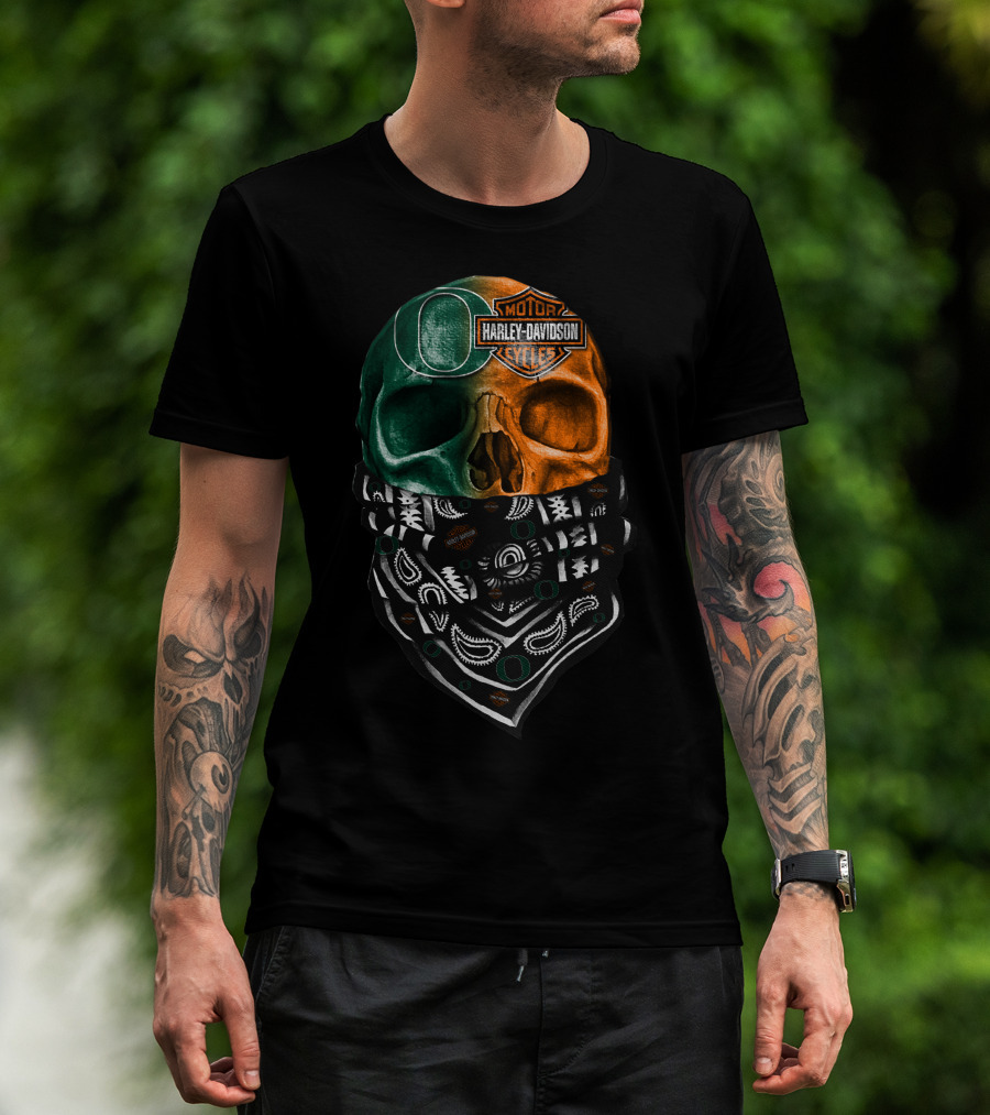 Harley Davidson Motorcycles Dual-Tone Skull With Bandana And Logos T-Shirt