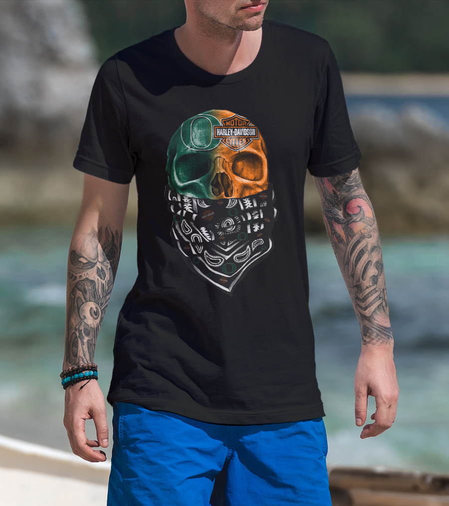 Harley Davidson Motorcycles Dual-Tone Skull With Bandana And Logos T-Shirt