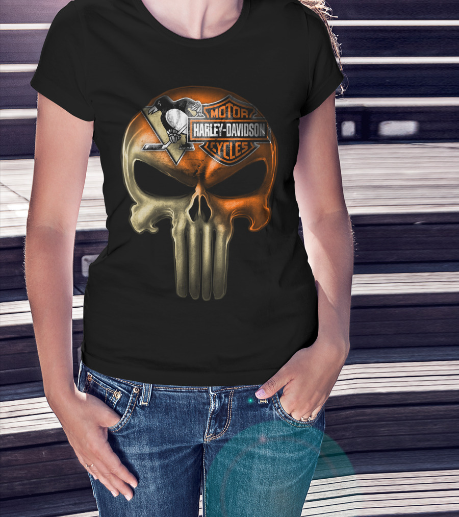 Penguins Harley Davidson Punisher Skull T-Shirt
