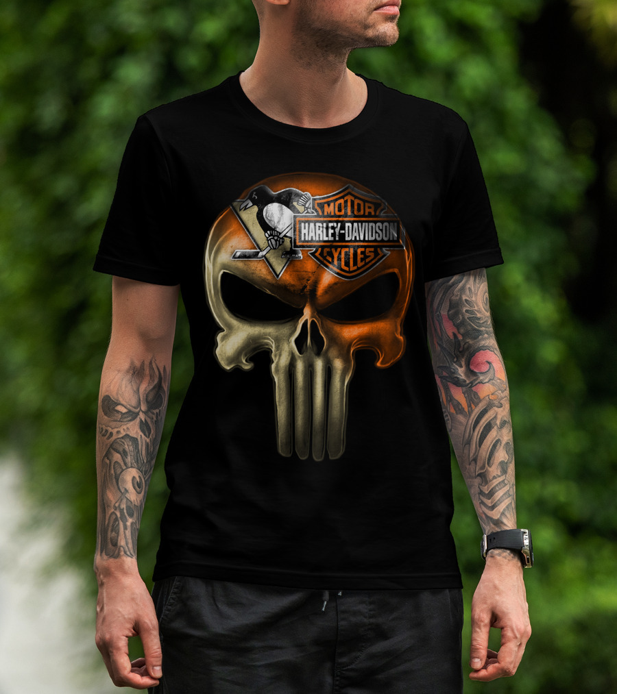 Penguins Harley Davidson Punisher Skull T-Shirt