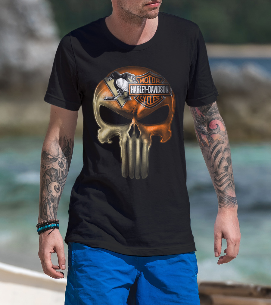 Penguins Harley Davidson Punisher Skull T-Shirt