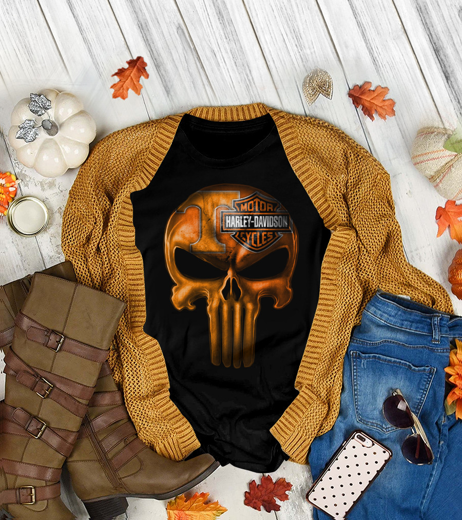 Orange T Skull Harley Davidson Motor Cycles T-Shirt
