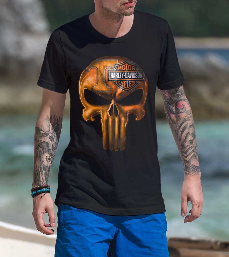 Orange T Skull Harley Davidson Motor Cycles T-Shirt