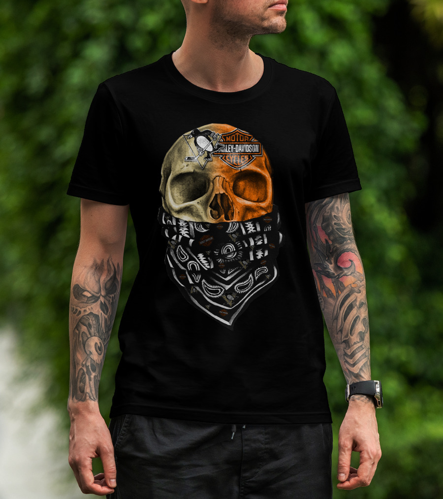 Penguins And Harley Davidson Skull Bandana T-Shirt