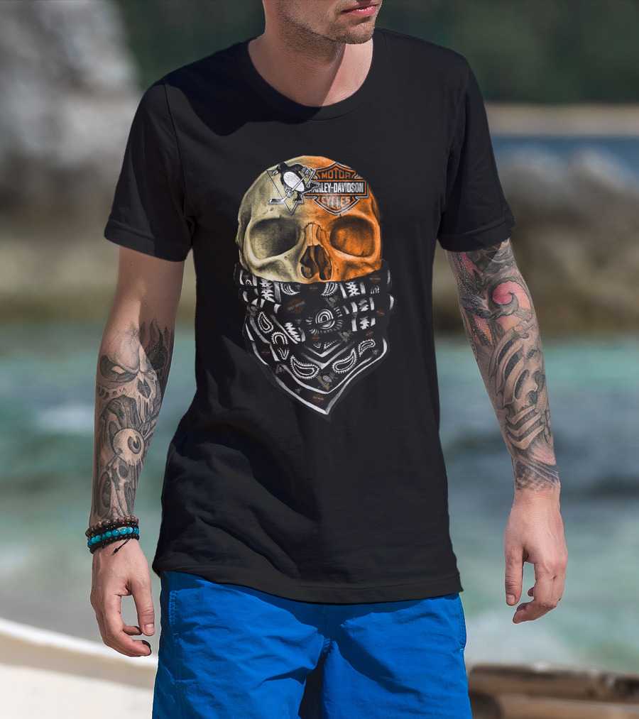 Penguins And Harley Davidson Skull Bandana T-Shirt