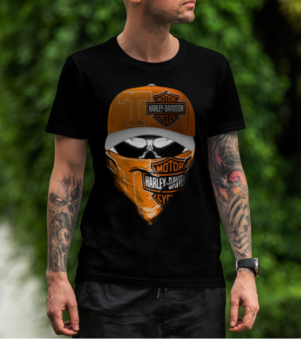 Harley Davidson Motorcycles Skull With Tennessee Volunteers Cap And Bandana T-Shirt