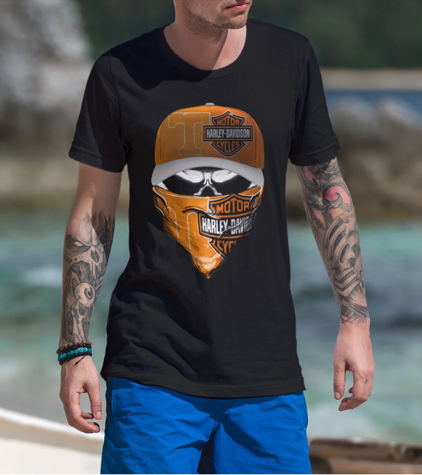 Harley Davidson Motorcycles Skull With Tennessee Volunteers Cap And Bandana T-Shirt