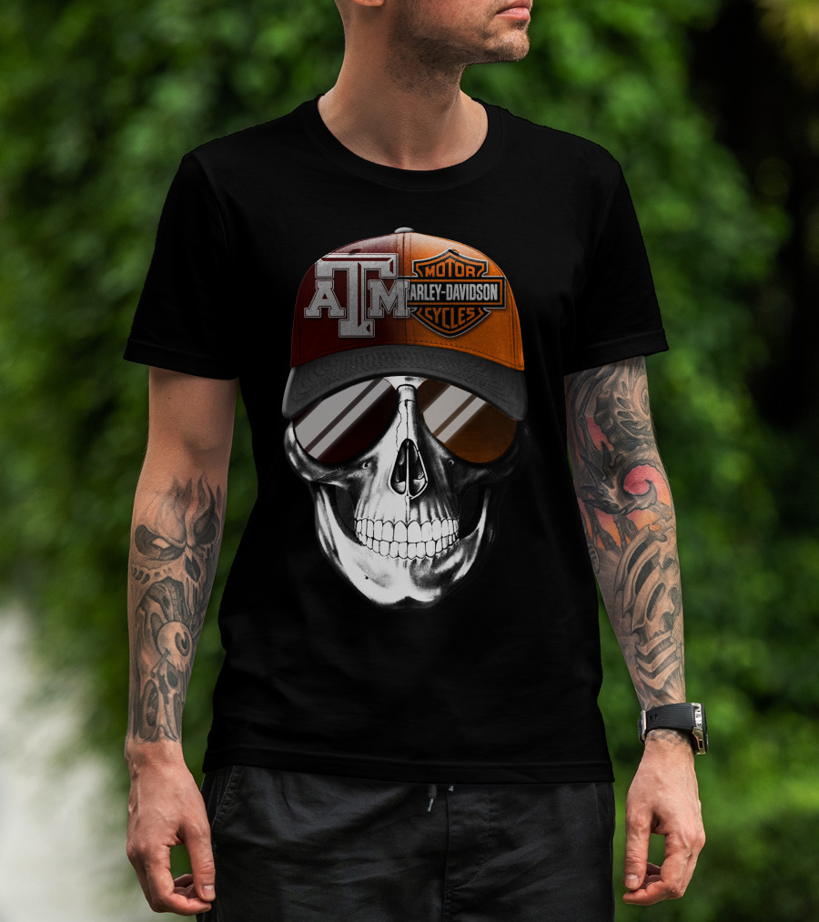 Texas A&M Harley Davidson Skull Hat With Sunglasses T-Shirt