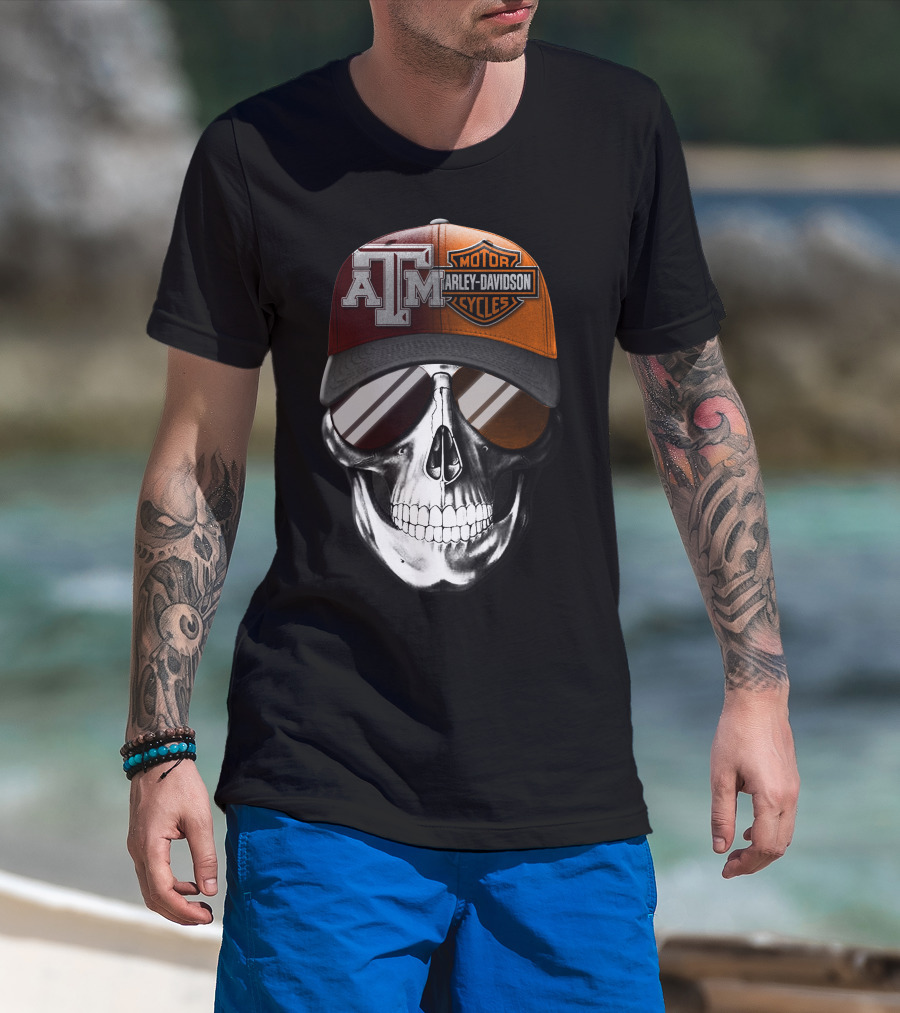 Texas A&M Harley Davidson Skull Hat With Sunglasses T-Shirt
