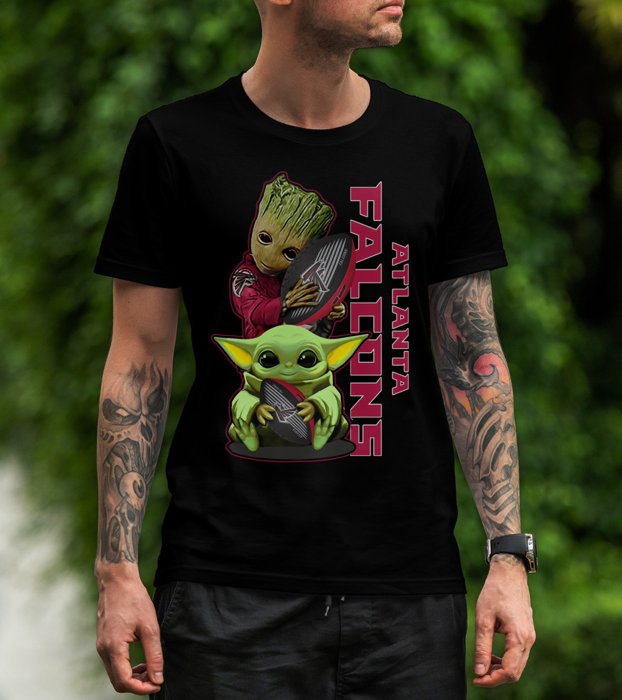 Grzd Atlanta Falcons Baby Groot Yoda Holding Football T-Shirt