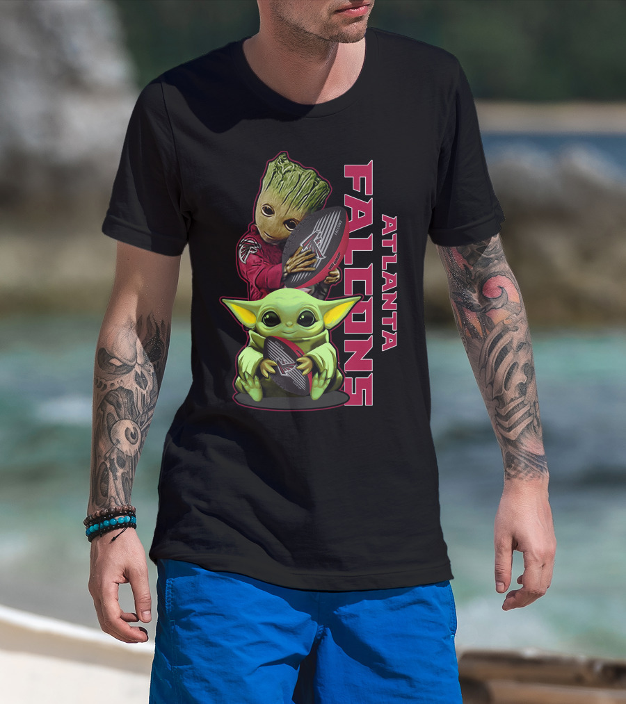 Grzd Atlanta Falcons Baby Groot Yoda Holding Football T-Shirt
