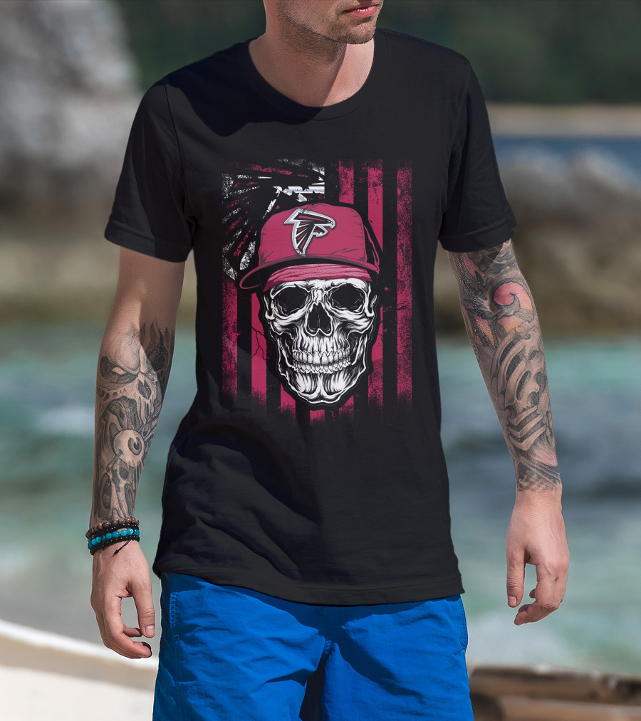 Skull Wearing Atlanta Falcons Cap With Red And Black T-Shirt