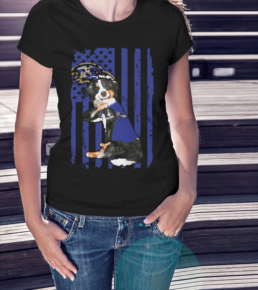 Border Collie I Love Mom Baltimore Ravens Flag T-Shirt