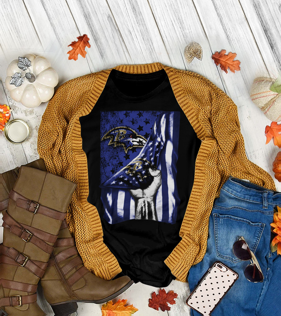 Baltimore Ravens Flag Stars Fist Ravens Logo Blue White T-Shirt