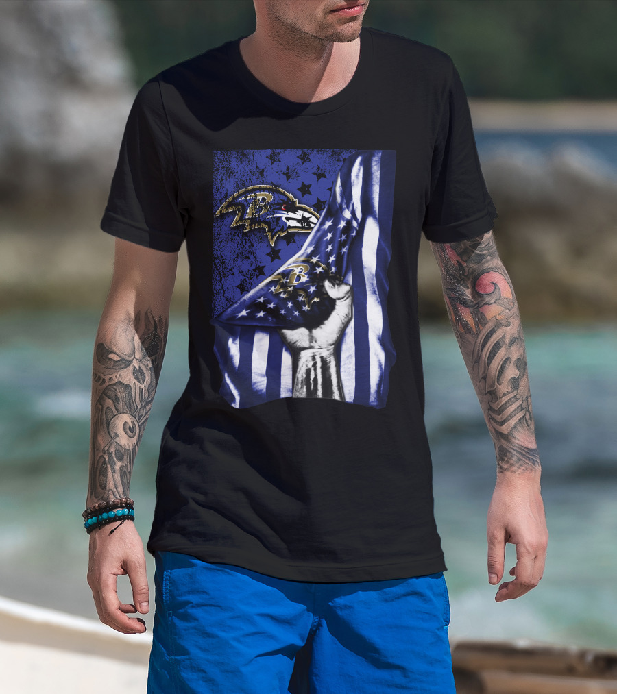 Baltimore Ravens Flag Stars Fist Ravens Logo Blue White T-Shirt