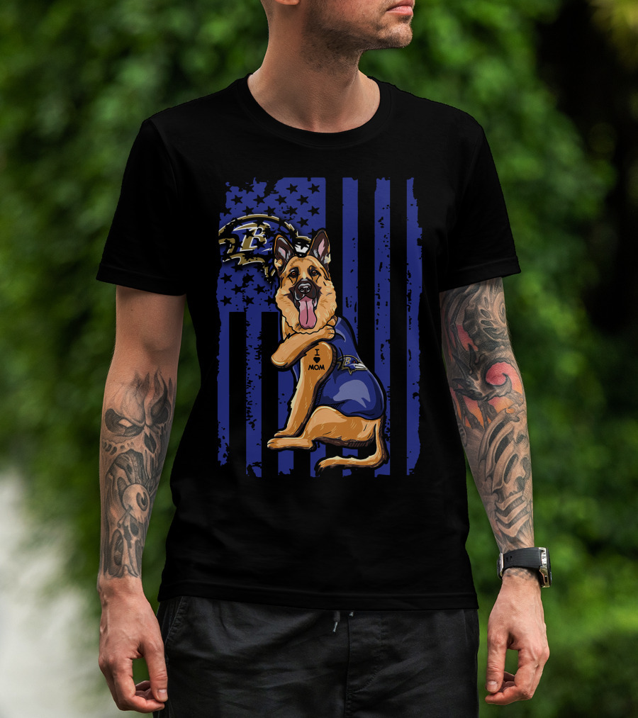 German Shepherd I Love Mom Baltimore Ravens Fan Flag Stars And Stripes T-Shirt