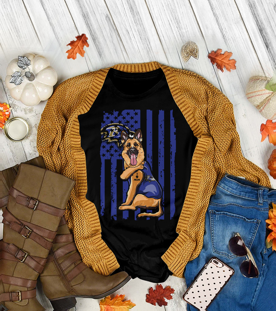 German Shepherd I Love Mom Baltimore Ravens Fan Flag Stars And Stripes T-Shirt