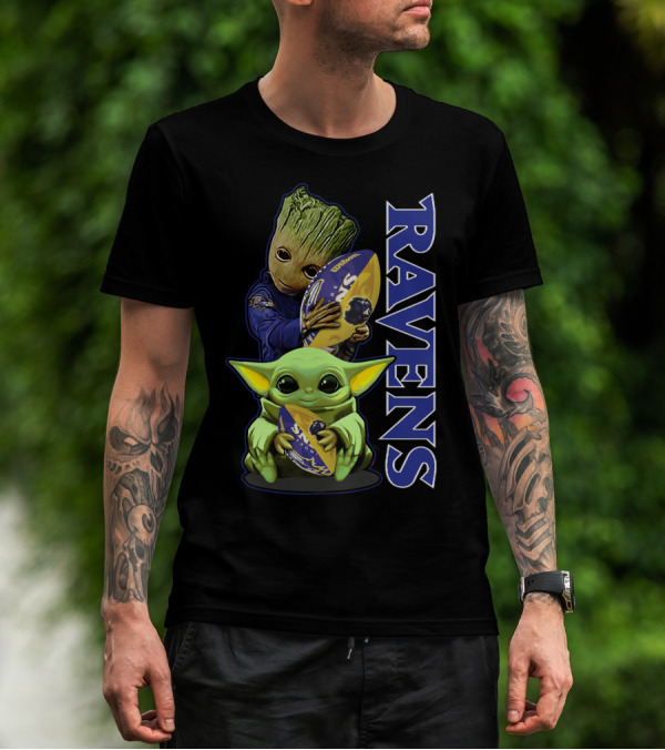 Grzd Baltimore Ravens Baby Yoda And Groot Ravens Football T-Shirt