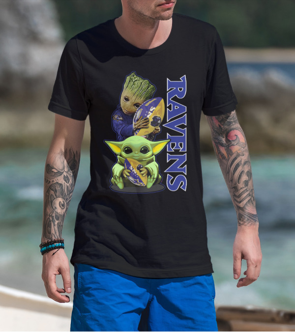 Grzd Baltimore Ravens Baby Yoda And Groot Ravens Football T-Shirt