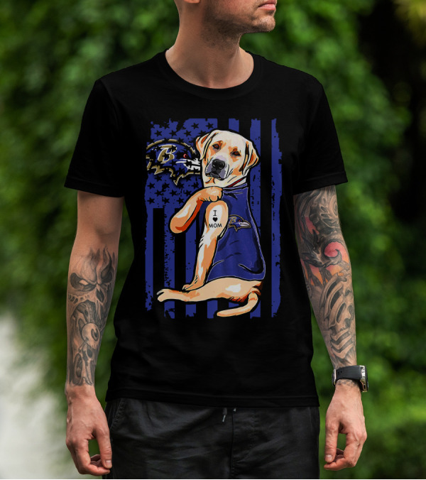 Labrador Retriever In Baltimore Ravens Jersey With I Love Mom Tattoo T-Shirt
