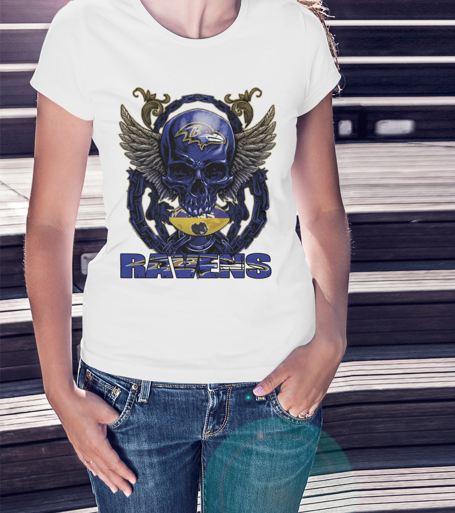 Baltimore Ravens Skullfb Winged Skull Chain T-Shirt