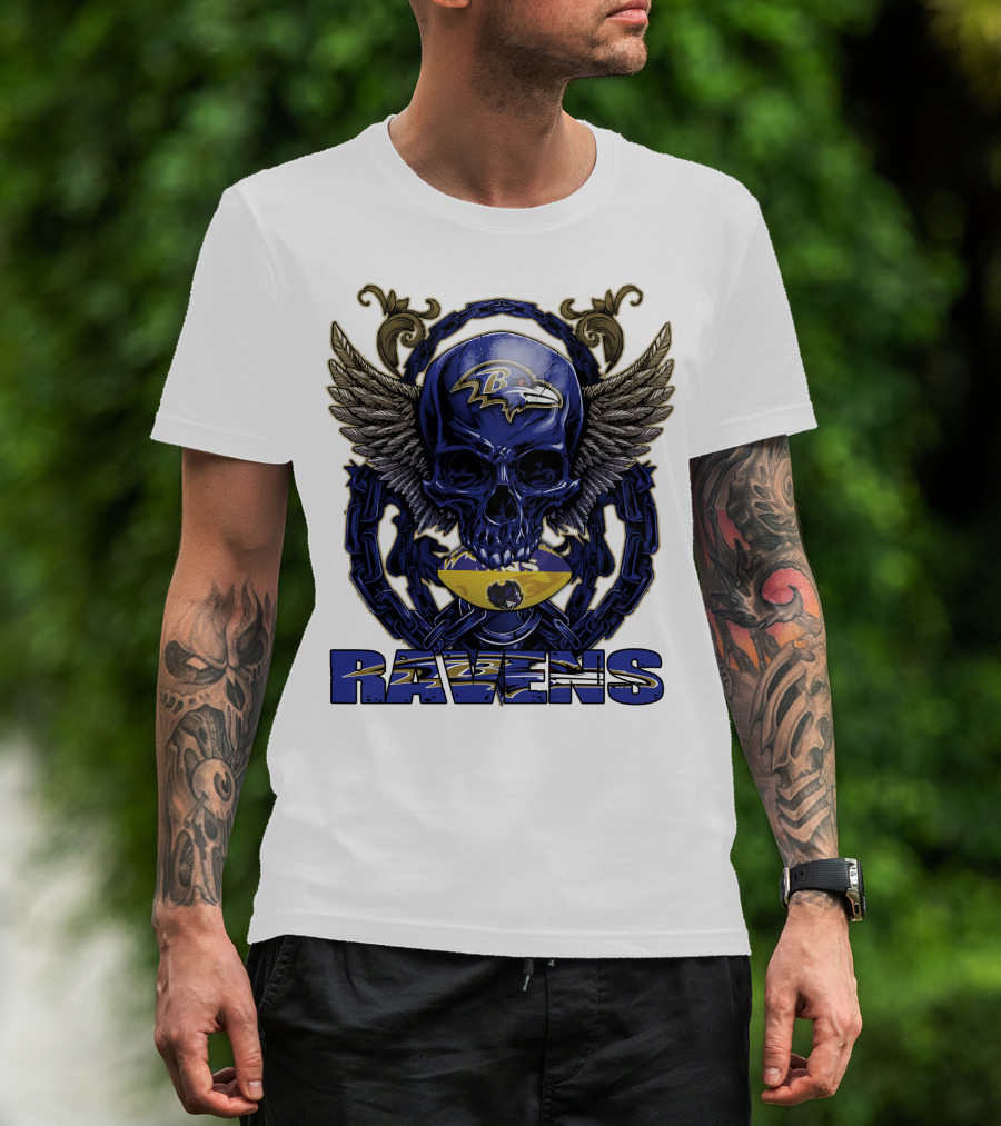 Baltimore Ravens Skullfb Winged Skull Chain T-Shirt