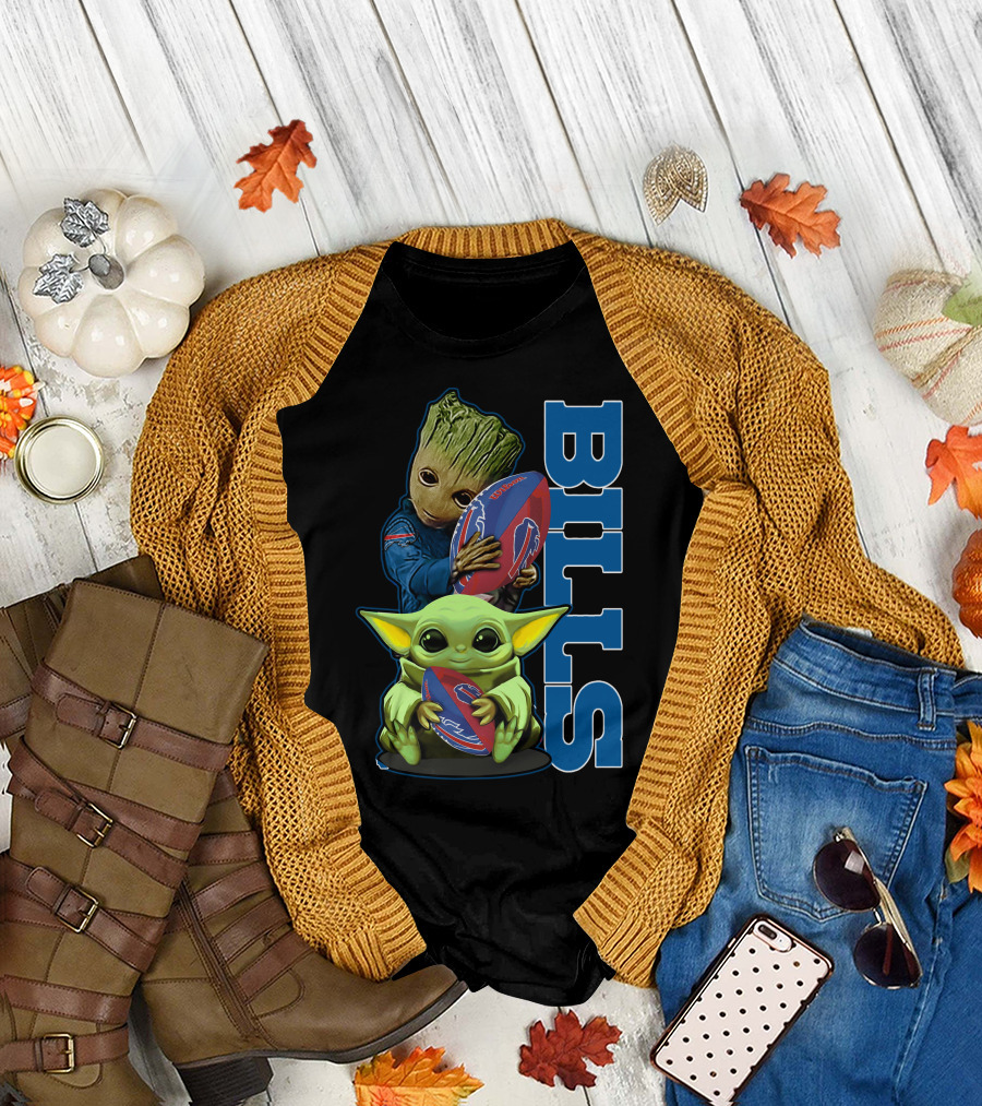 Grzd Buffalo Bills Baby Groot and Baby Yoda Football T-Shirt