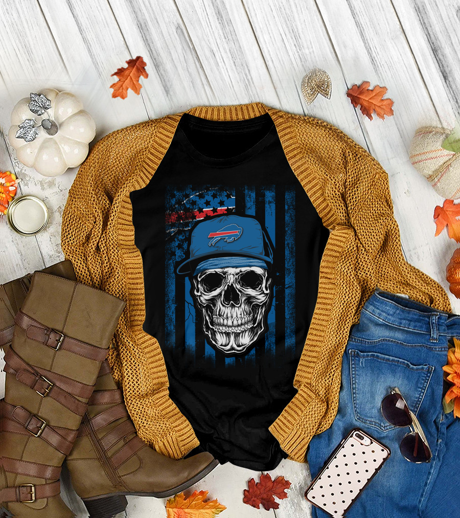 Buffalo Bills Skull with Cap American Flag Background T-Shirt