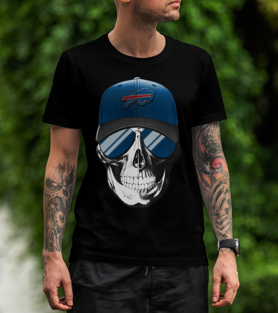 Buffalo Bills Skull With Blue Cap And Sunglasses Iconic T-Shirt