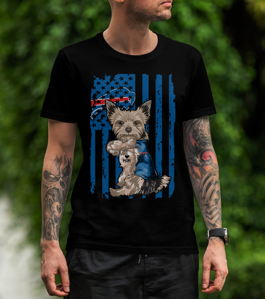 Yorkshire Terrier With I Love Mom Vest And Buffalo Bills Logo On American Flag Background T-Shirt