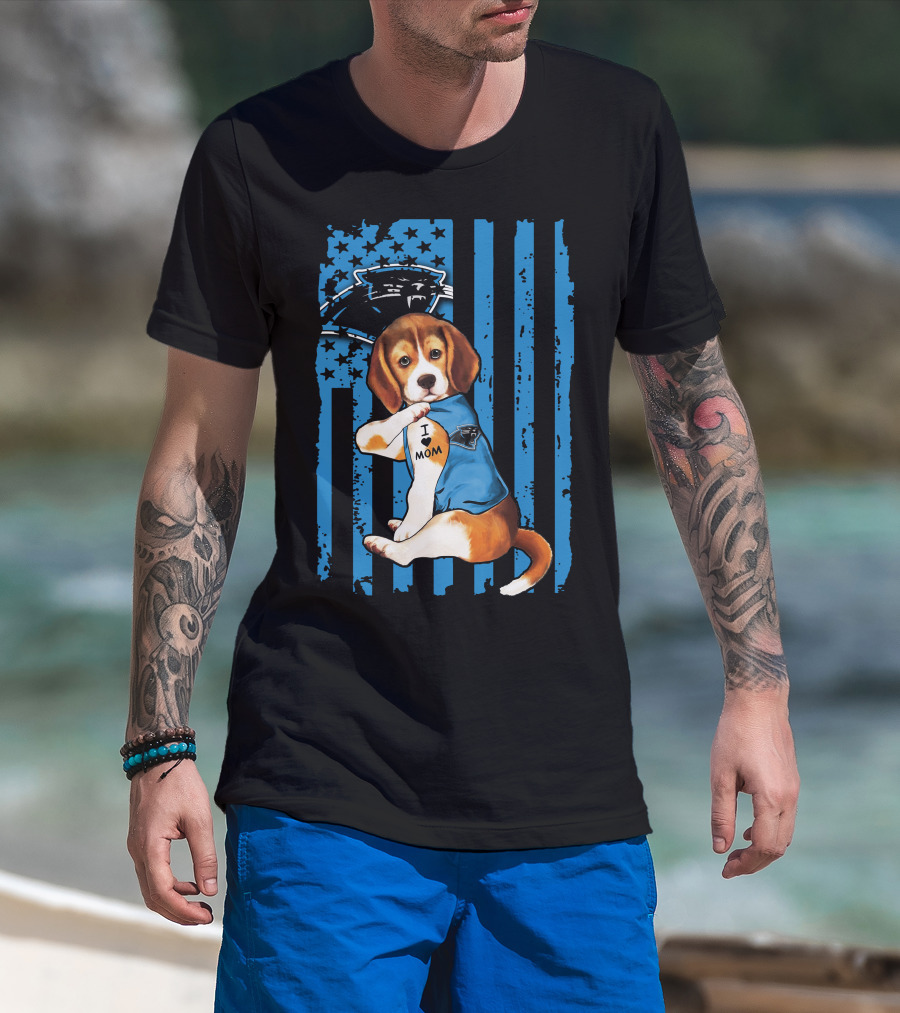 Beagle Carolina Panthers I Love Mom Tattoo American Flag T-Shirt