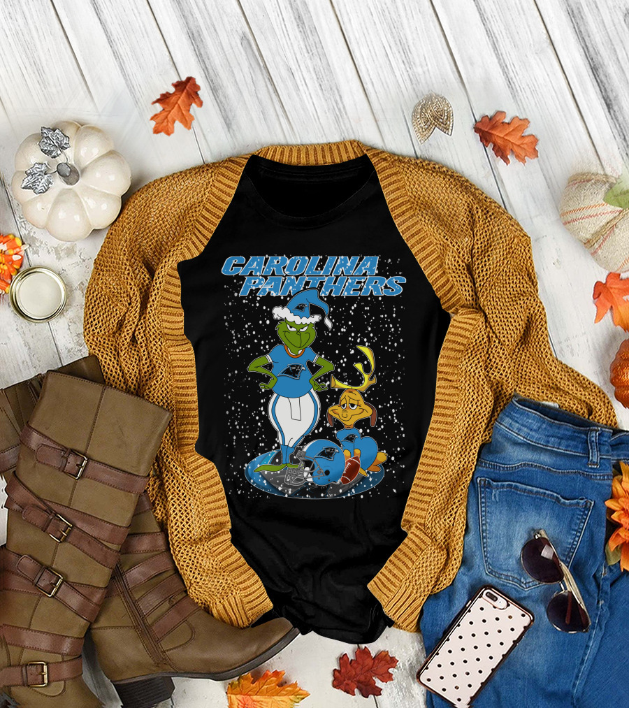 CAROLINA PANTHERS Grinch Christmas Snow Scene with Grinch and Max T-Shirt