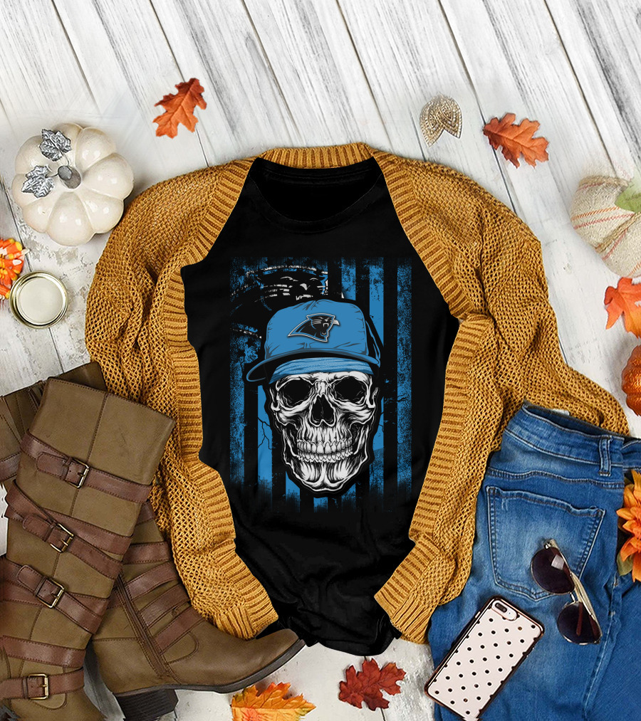 Skull Wearing Carolina Panthers Hat with Blue and Black Stripes T-Shirt