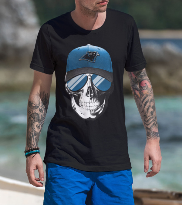 Skull With Blue Hat Featuring Carolina Panthers Logo And Reflective Sunglasses T-Shirt