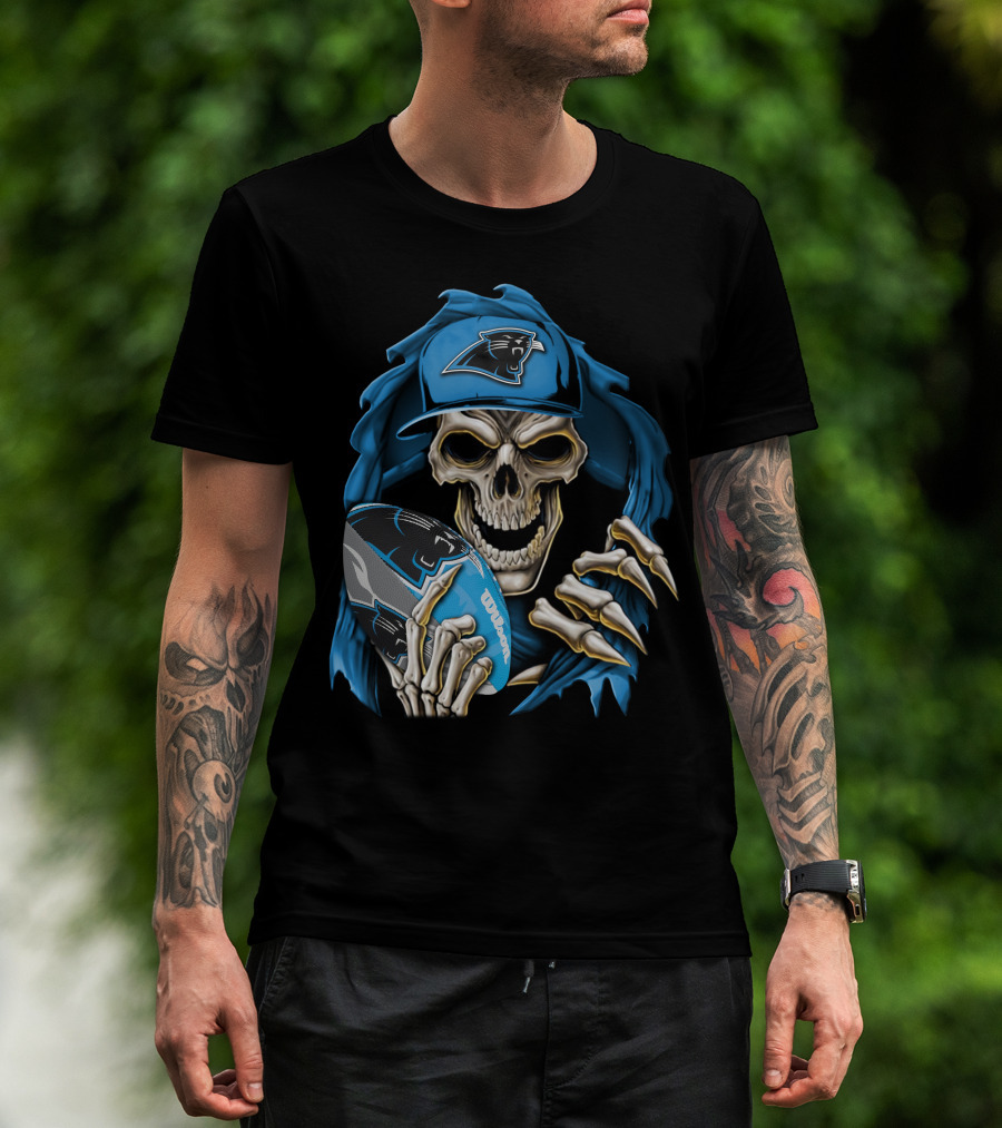 Skullbong Carolina Panthers Football Skeleton With Cap And Ball T-Shirt