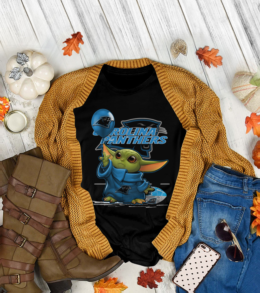 Yoda with Carolina Panthers NFL Logo and Football T-Shirt